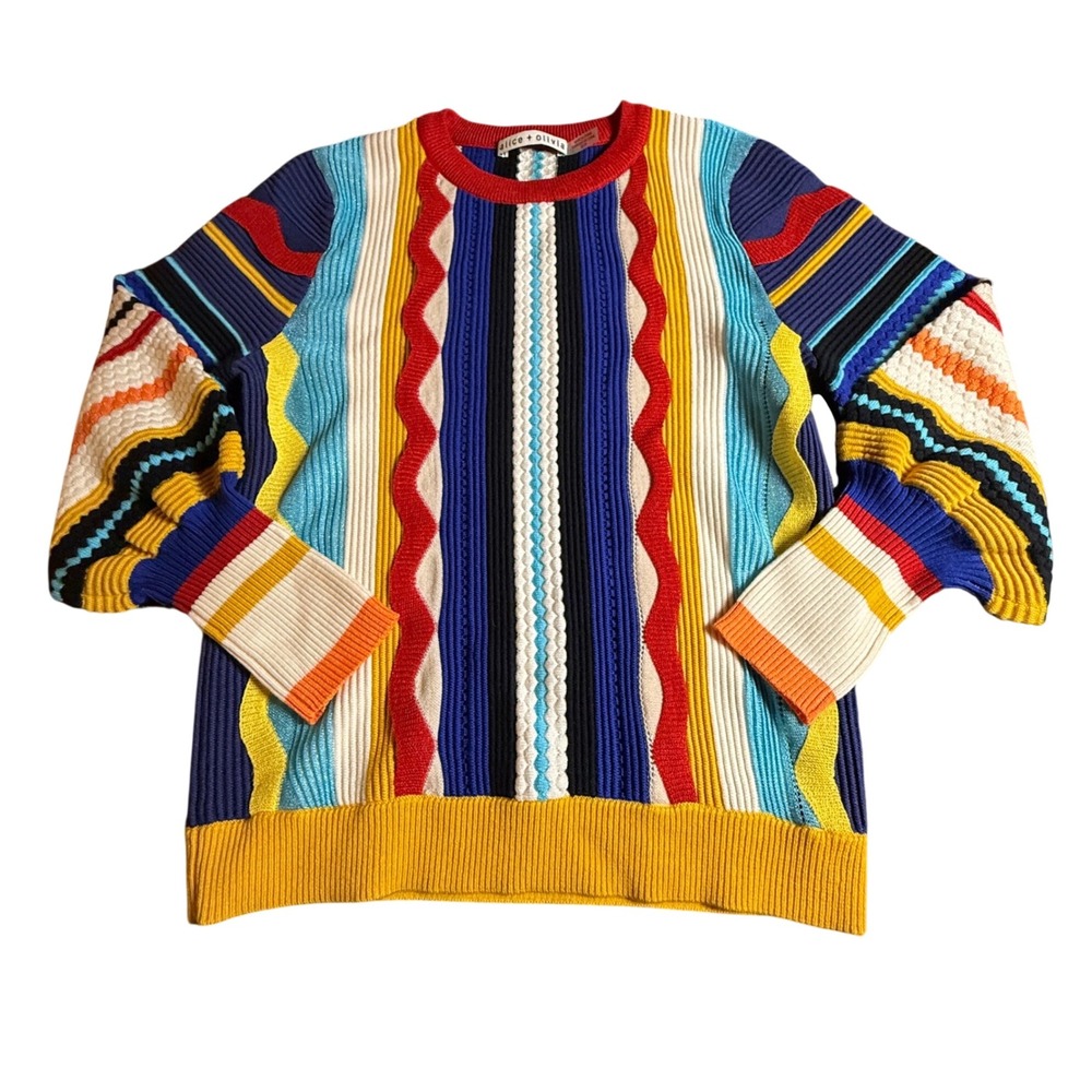 Alice + Olivia Multi-Color 3D Knit Sweater Crewneck Wavy Stripe Coogi Style Wool